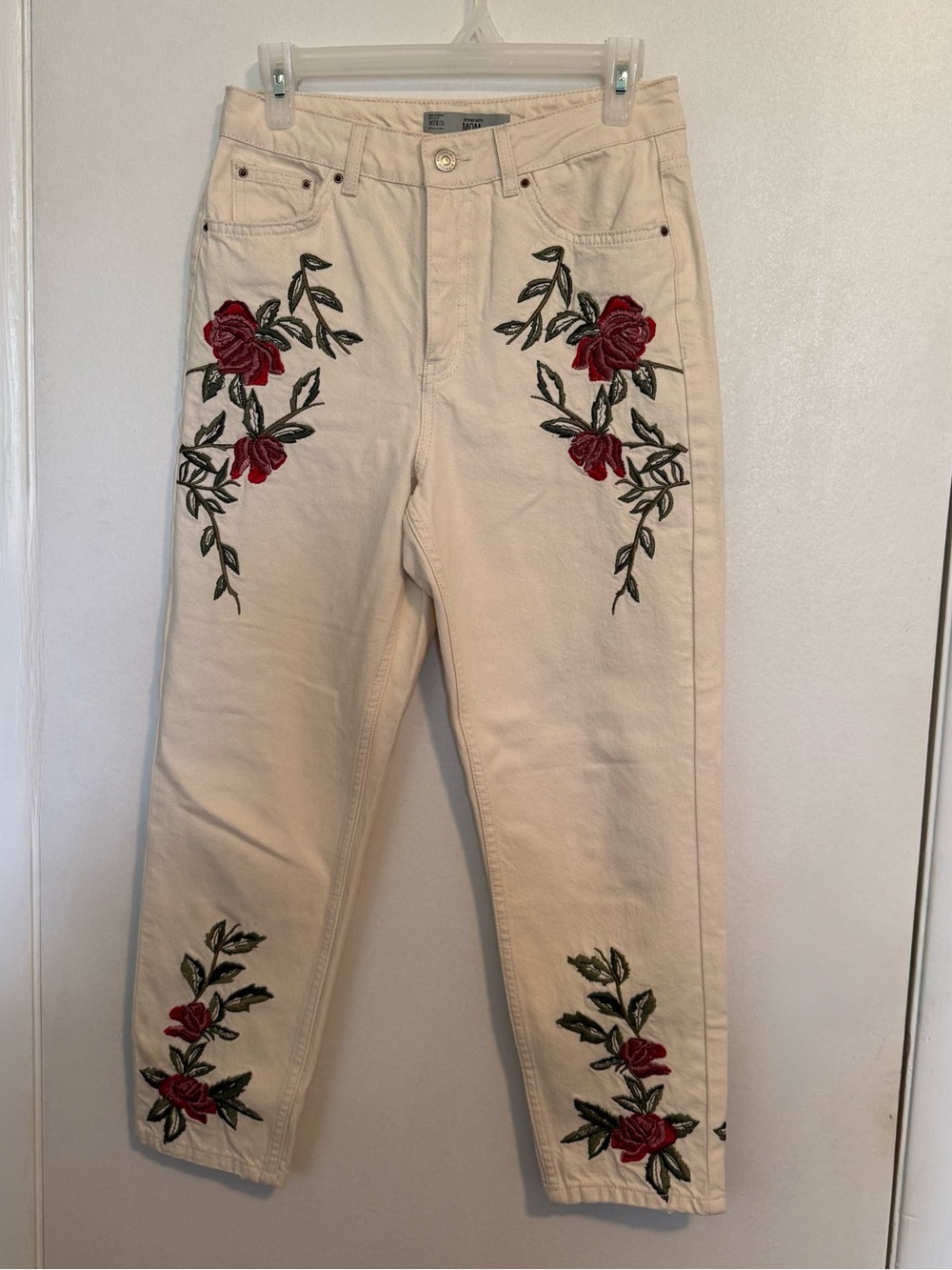 Topshop Cream Straight-Leg Jeans with Red Rose Embroidery